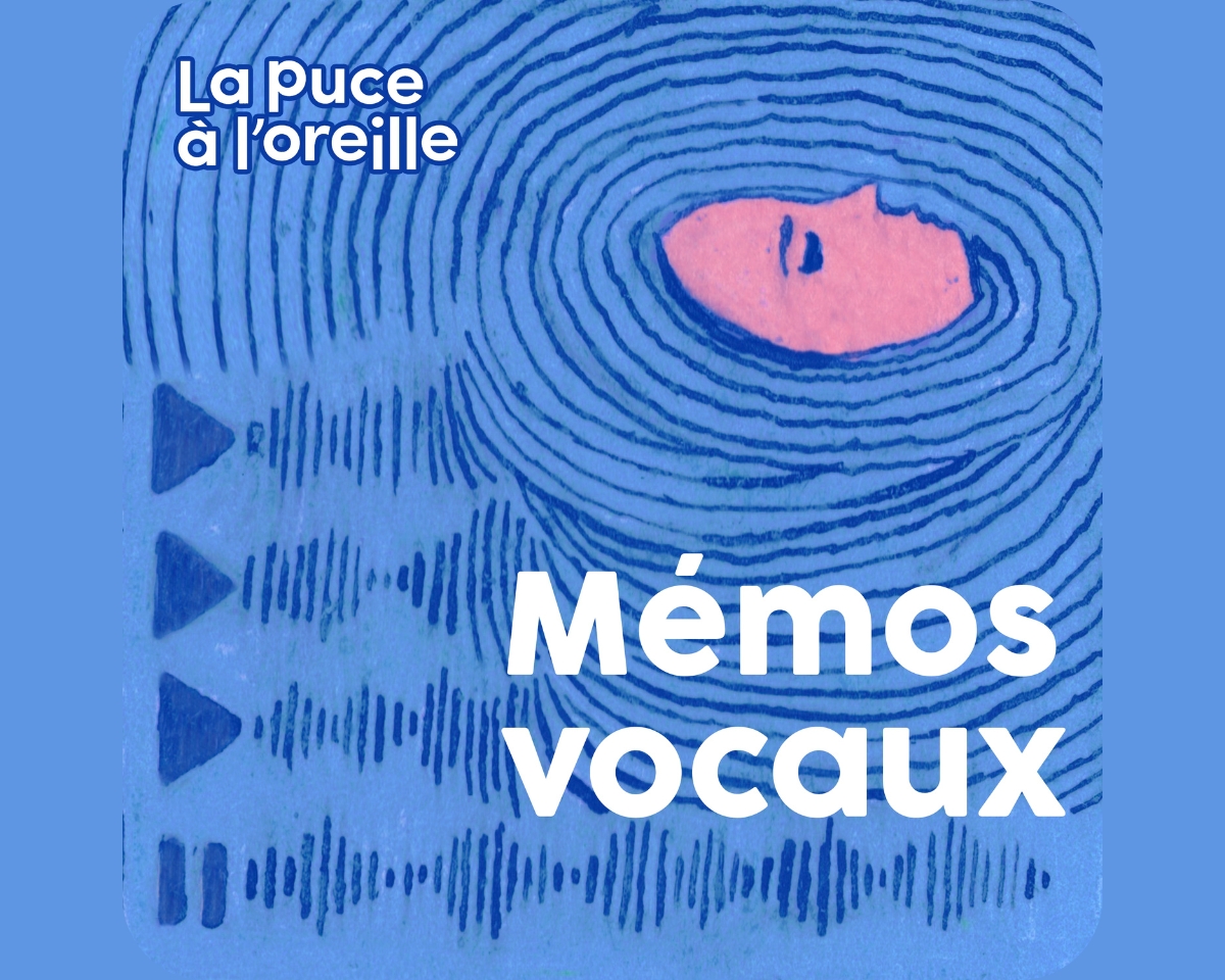 Illustration du balado Mémos Vocaux, on voit un visage rose immergé dans un tourbillon qui symbolise l'anxiété